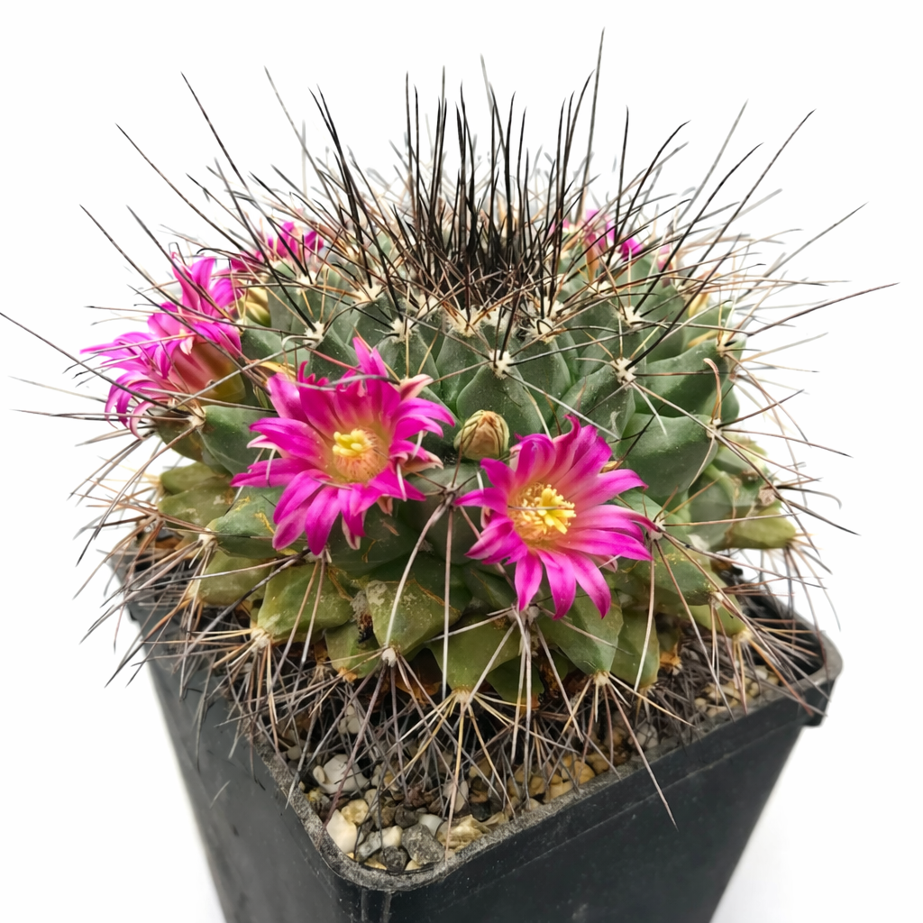 Cactus Mammillaria melanocentra con fiori rosa acceso e spine lunghe in vaso nero