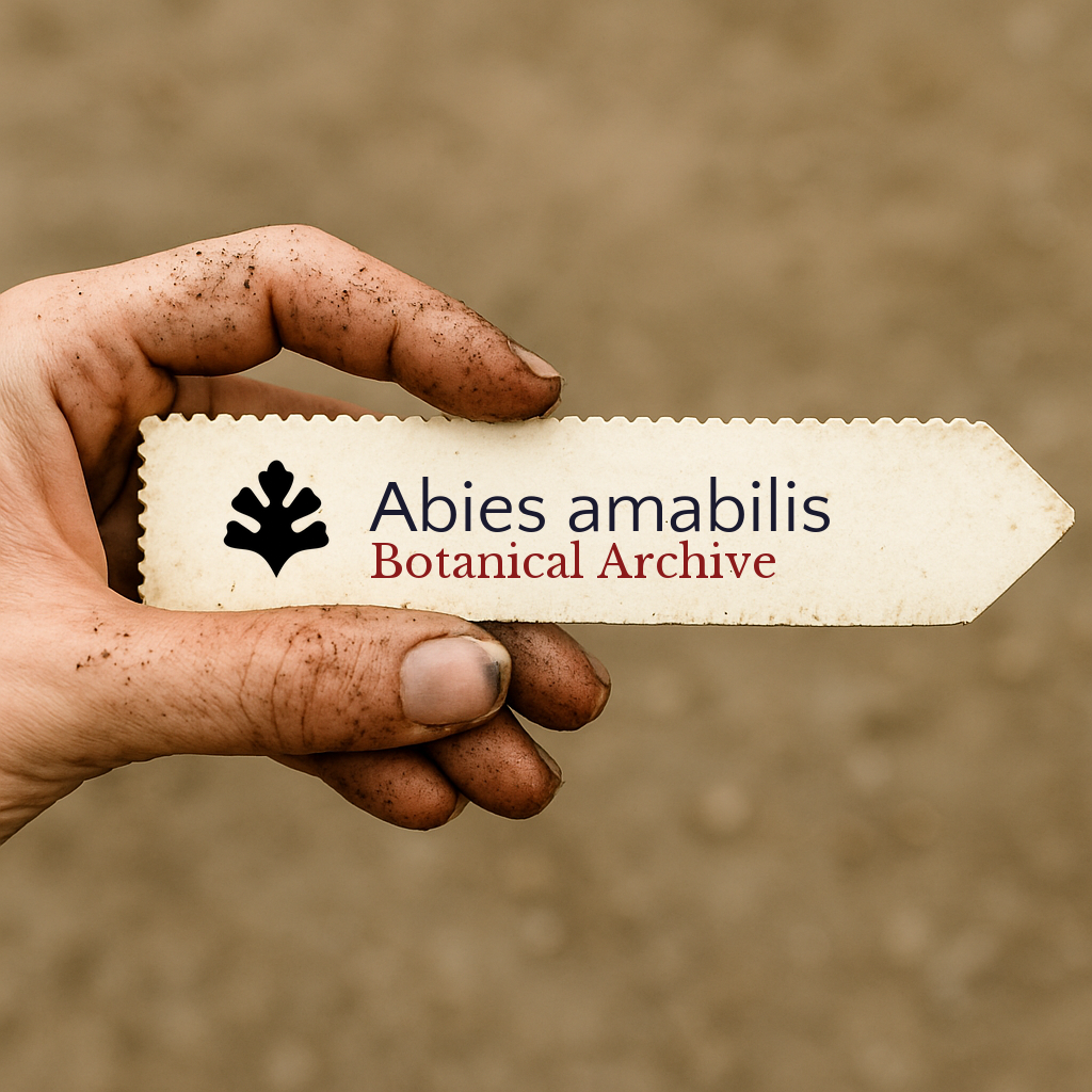 Printed plant label for Abies amabilis held by dirty hand on blurred background