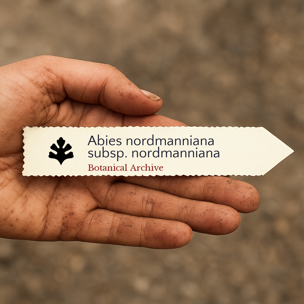 Etichetta stampata per pianta di Abies nordmanniana subsp. nordmanniana tenuta in mano sporca