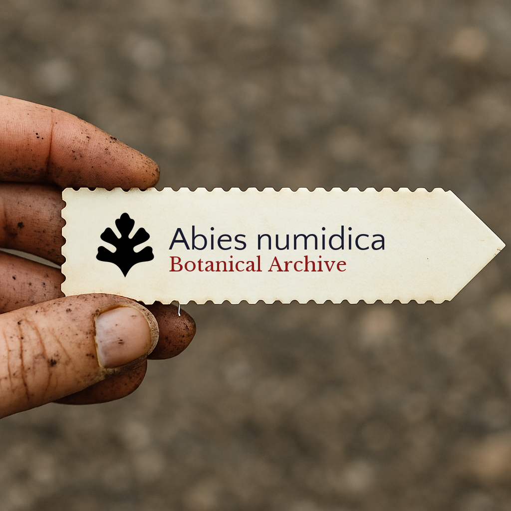 Etichetta per pianta stampata per Abies numidica tenuta da mano sporca all'aperto