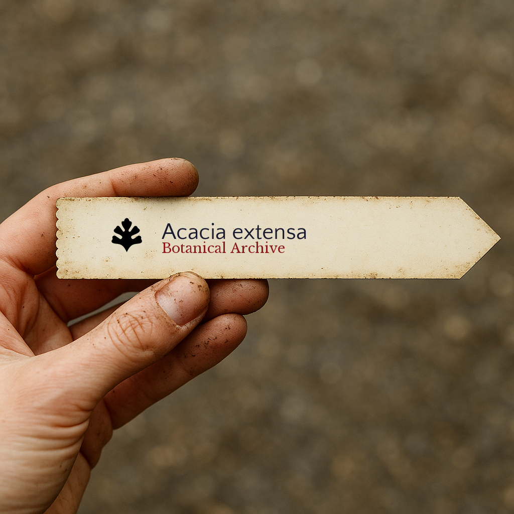 Printed plant label for Acacia extensa held by hand with soil background