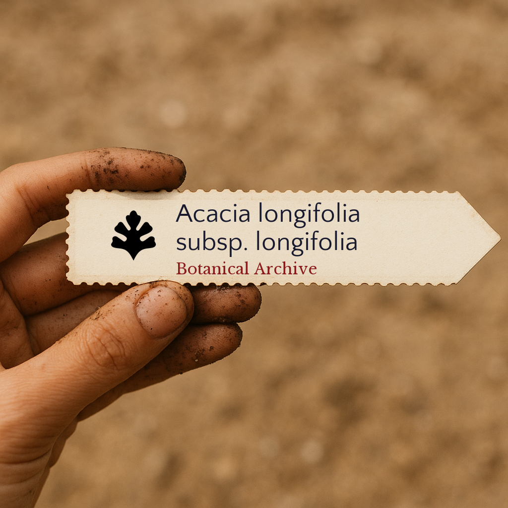 Printed plant label for Acacia longifolia subsp. longifolia held by dirty hand over soil background