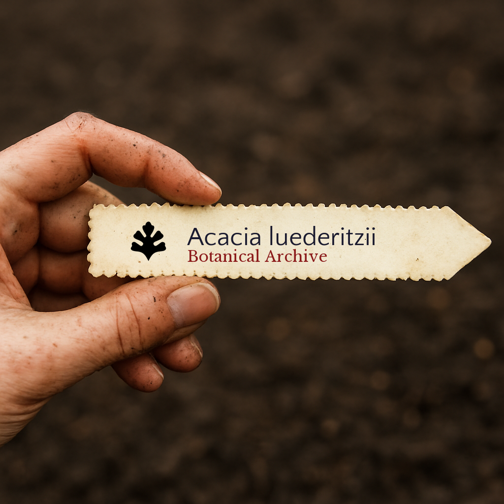 Etichetta stampata per pianta di Acacia luederitzii tenuta da mano sporca su sfondo di terreno
