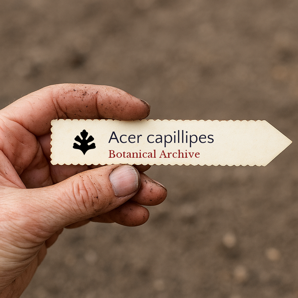 Etichetta per piante stampata per Acer capillipes tenuta da una mano sporca con sfondo di terriccio