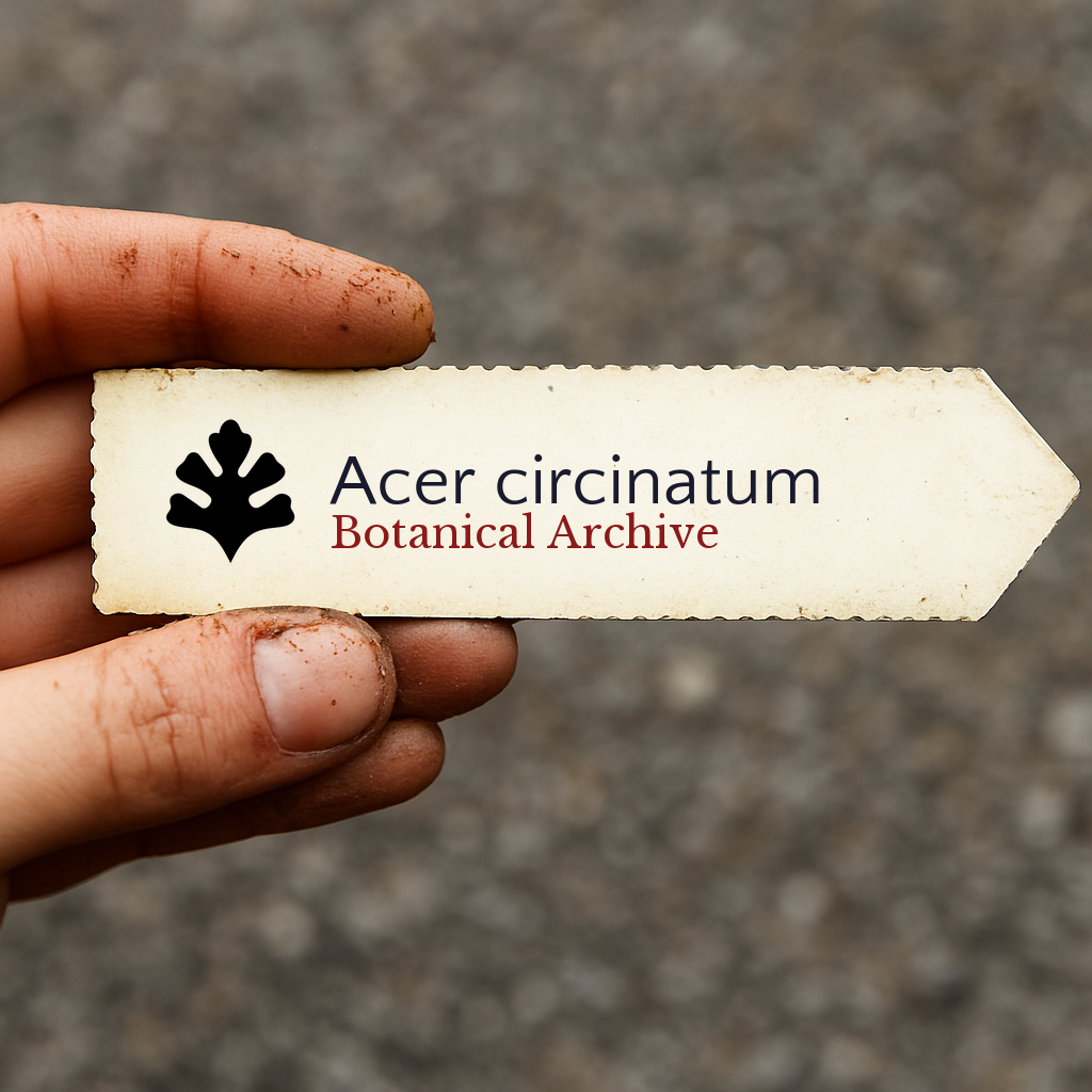 Etichetta stampata per pianta di Acer circinatum tenuta da mano sporca all'aperto