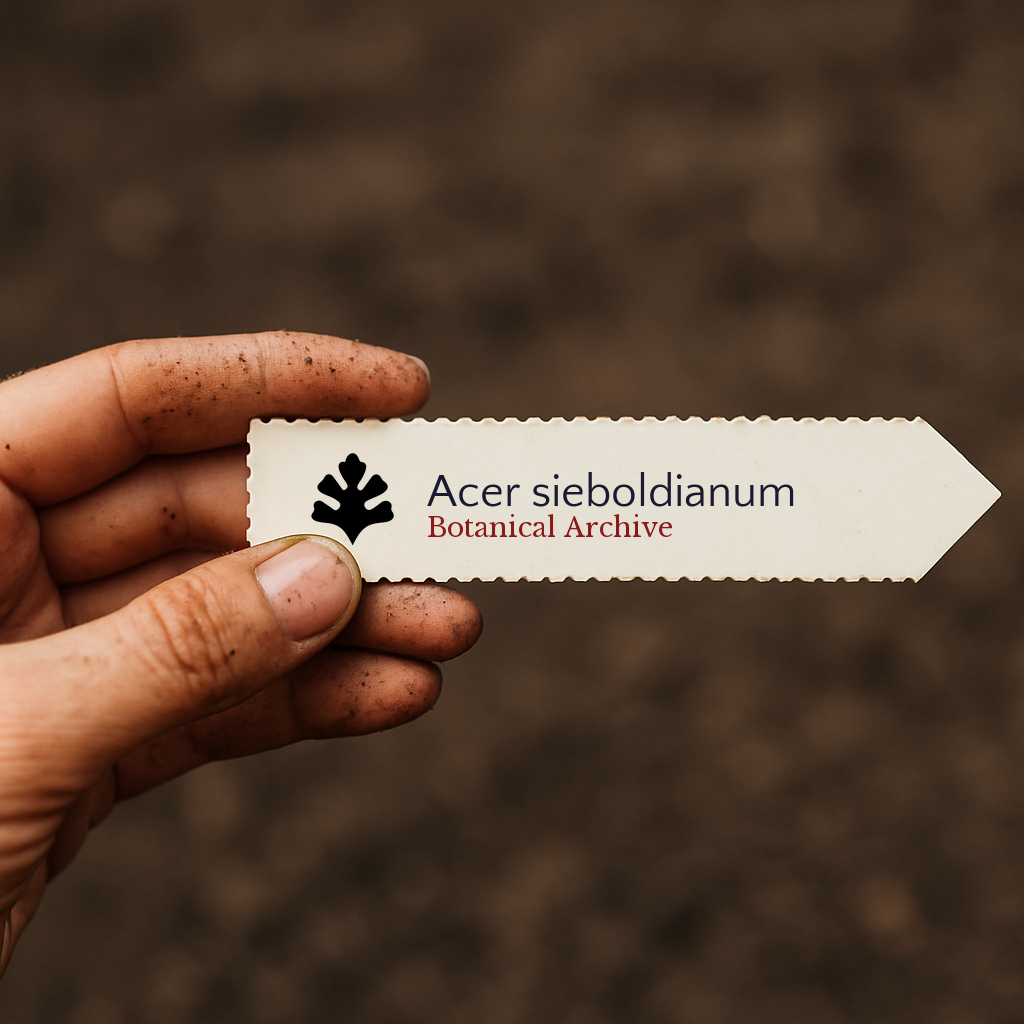 Printed plant label for Acer sieboldianum held by a hand with soil background