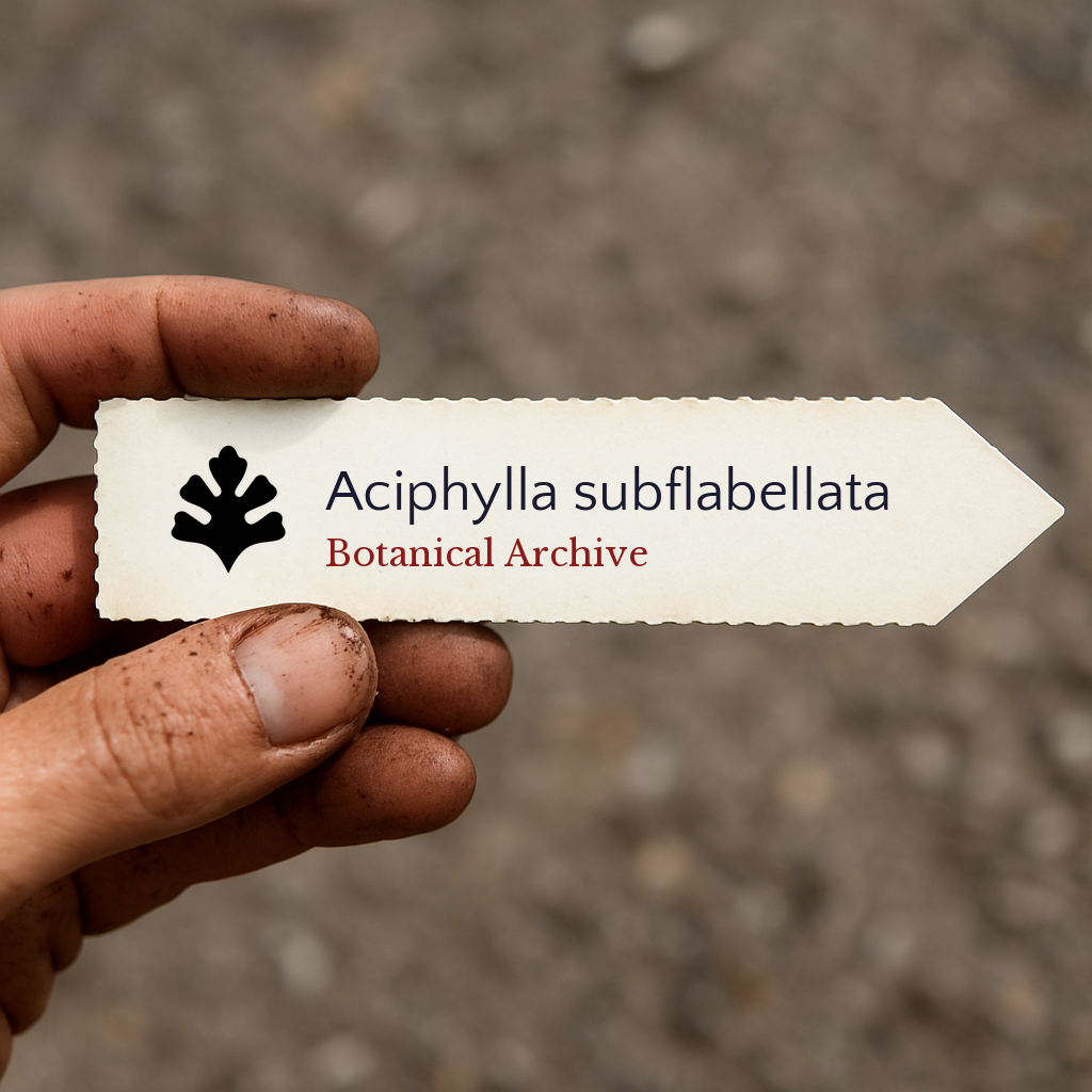 Etichetta per pianta stampata per Aciphylla subflabellata tenuta da un giardiniere con dita sporche di terra