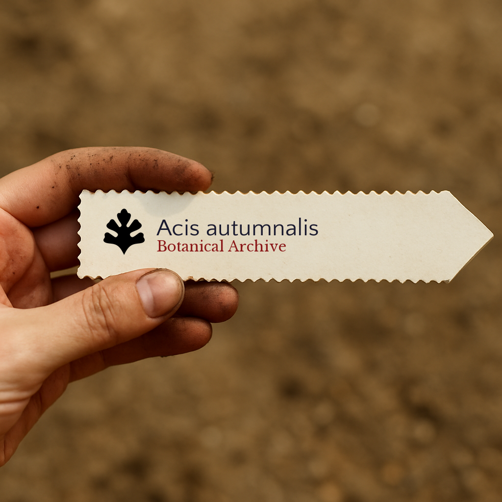 Etichetta stampata per pianta di Acis autumnalis con logo Botanical Archive tenuta a mano