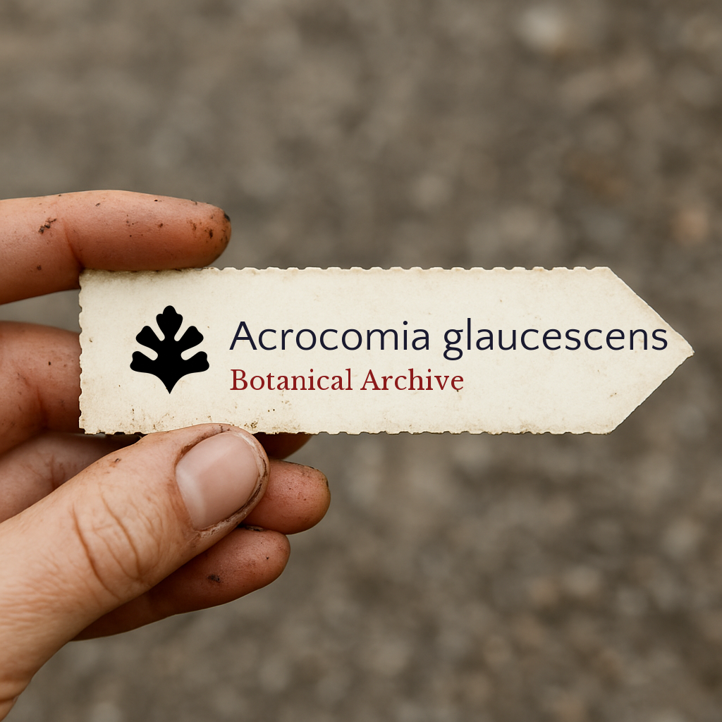 Printed plant label for Acrocomia glaucescens held by hand with dirt background