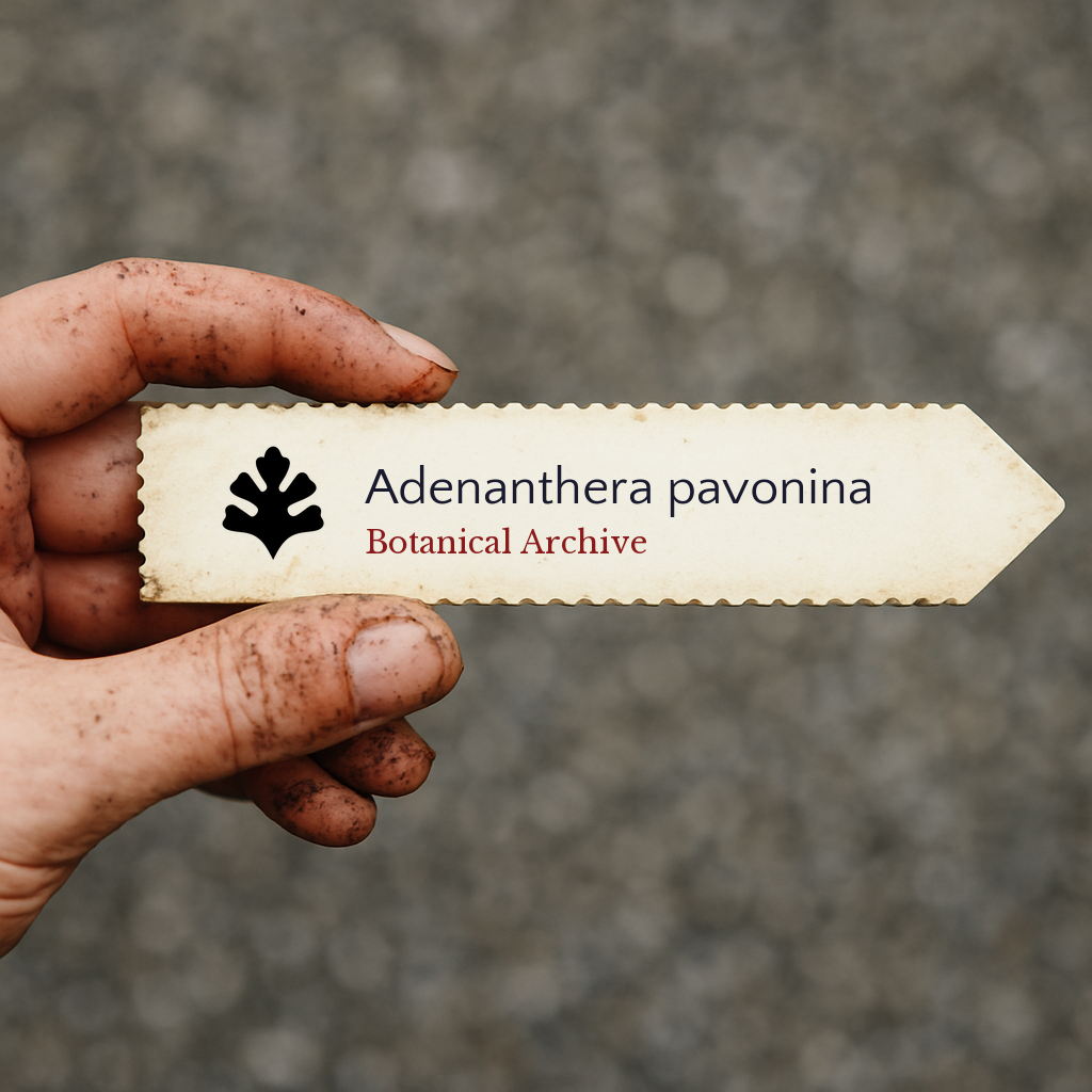 Printed plant label for Adenanthera pavonina held by dirty hand on blurred background