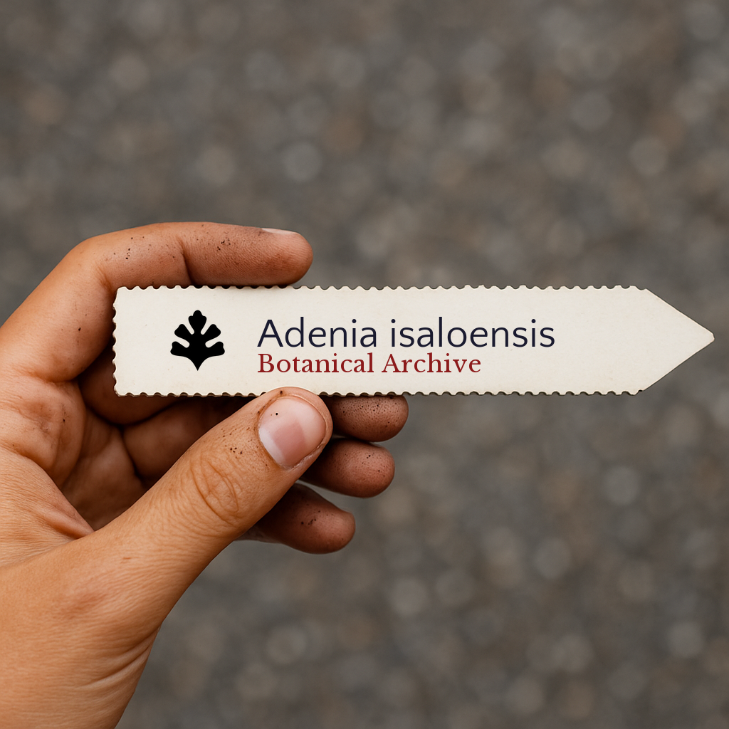 Etichetta per piante stampata per Adenia isaloensis tenuta a mano con terra sulle dita