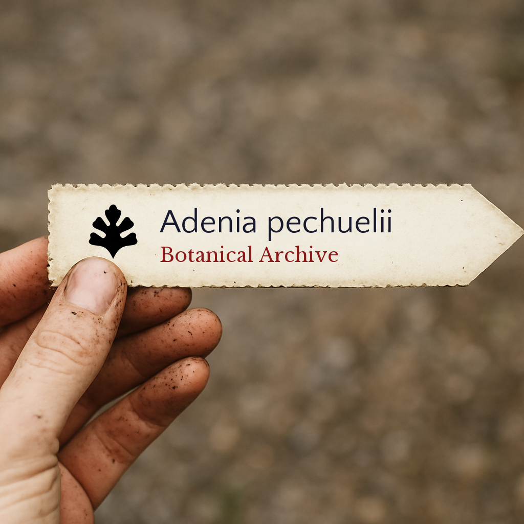 Etichetta per pianta stampata per Adenia pechuelii con testo Botanical Archive tenuta a mano