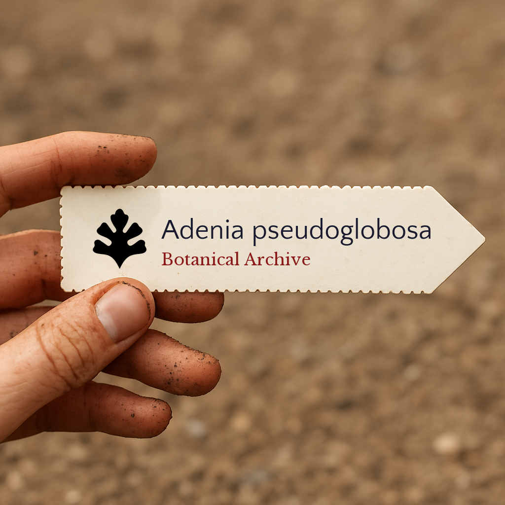 Etichetta piantina stampata per Adenia pseudoglobosa tenuta in mano con sfondo di terra