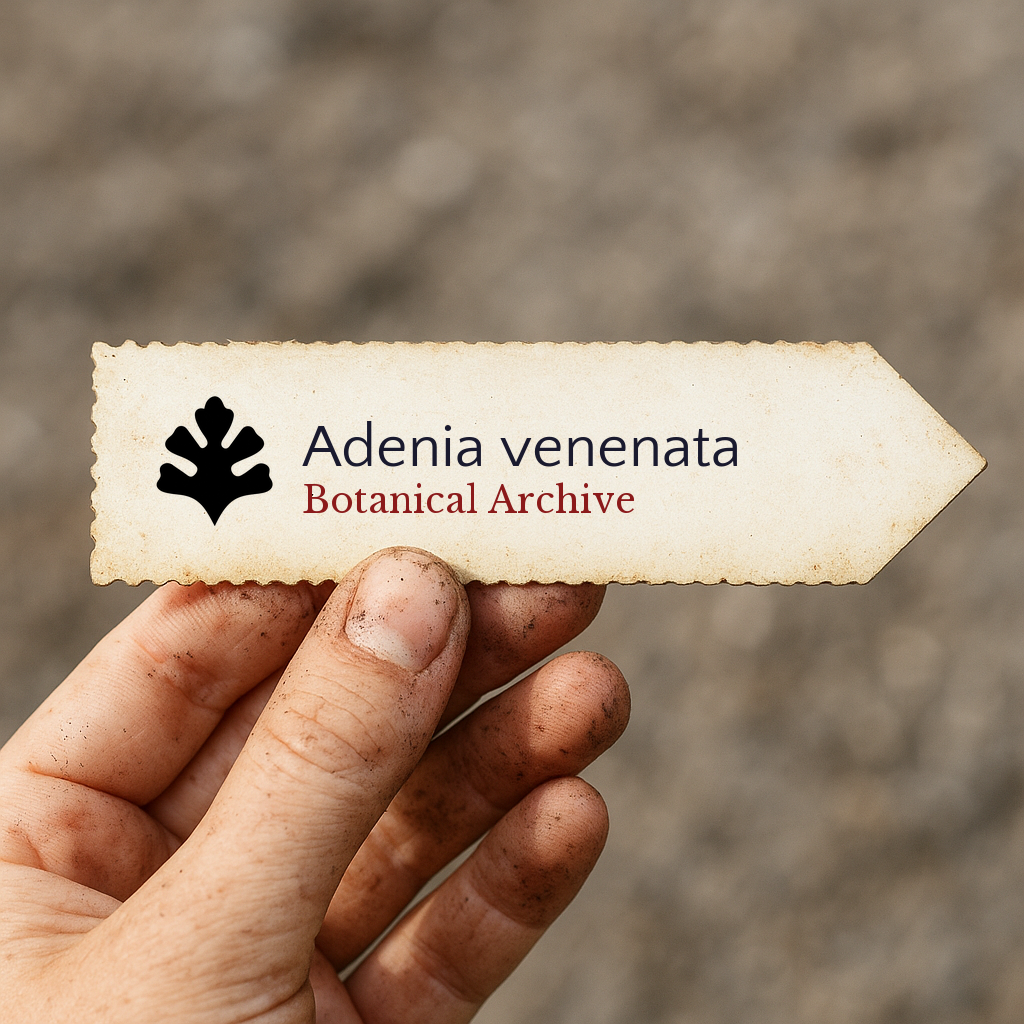 Etichetta vegetale stampata per Adenia venenata tenuta a mano con terra sulle dita