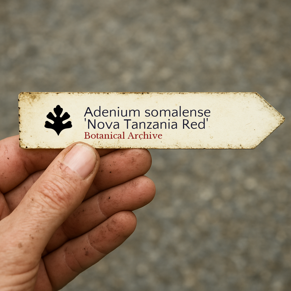 Printed plant label for Adenium somalense 'Nova Tanzania Red' held by hand
