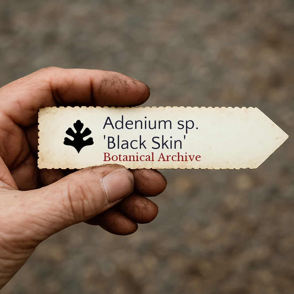 Printed plant label for Adenium sp. 'Black Skin' held in dirty hand outdoors