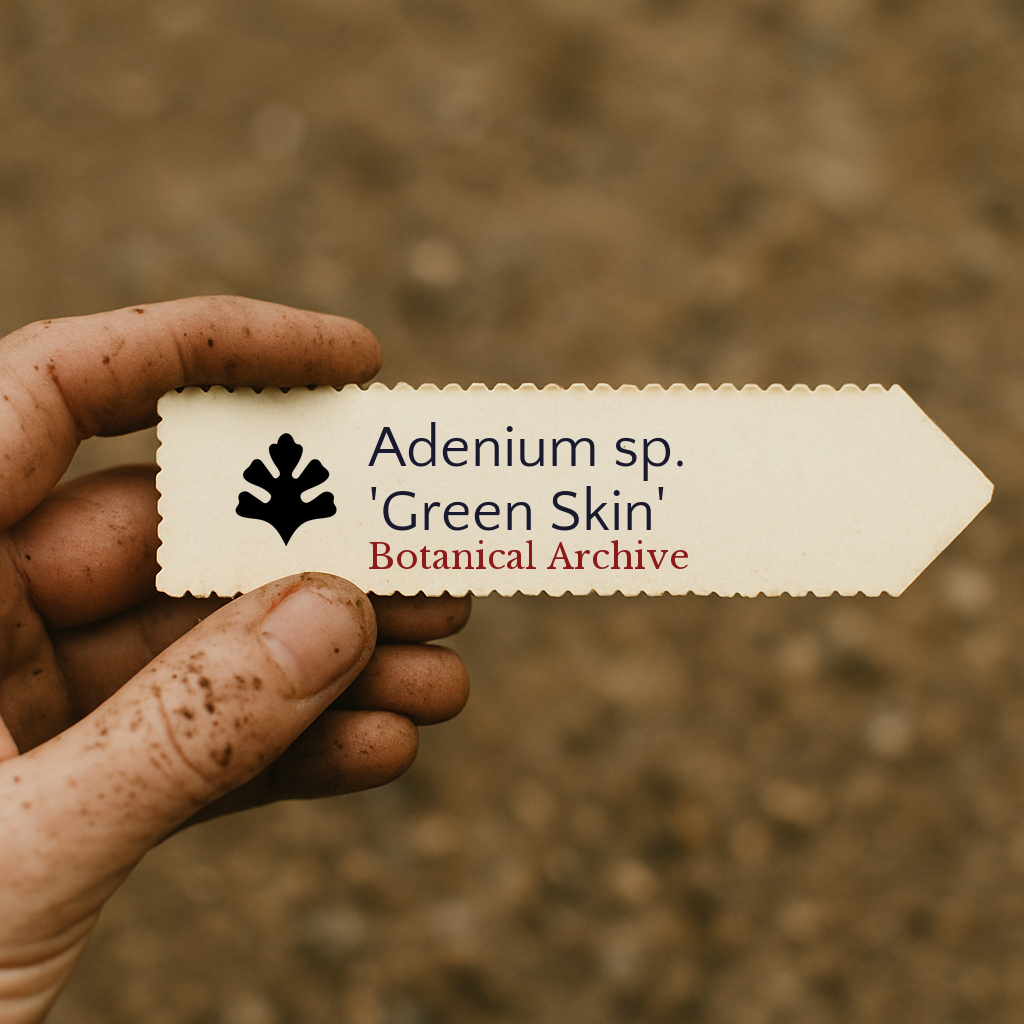 Printed plant label for Adenium sp. 'Green Skin' held by dirty hand outdoors