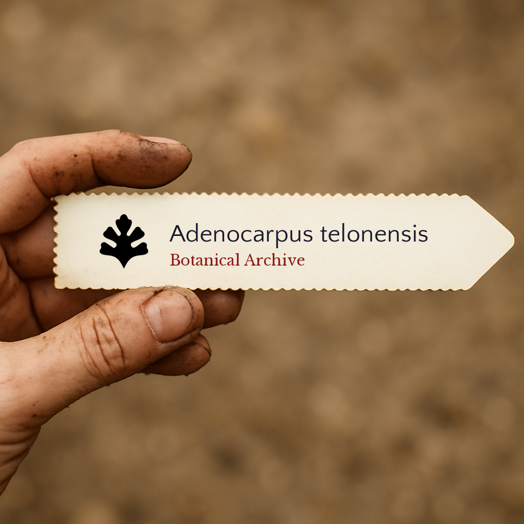 Printed plant label for Adenocarpus telonensis held by dirty hand with blurred background