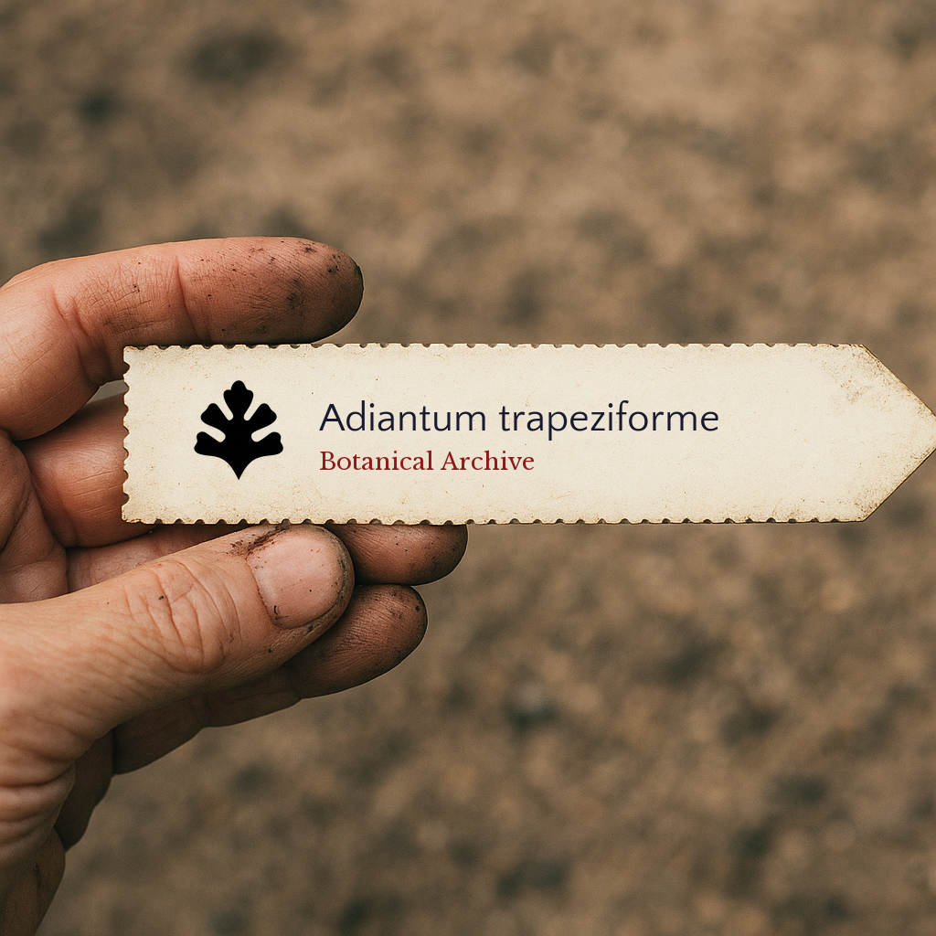 Printed plant label for Adiantum trapeziforme held by dirty hand outdoors