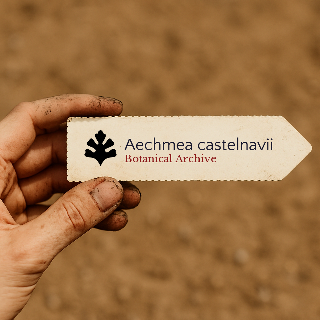 Etichetta stampata per pianta di Aechmea castelnavii tenuta in mano sporca contro sfondo di terra
