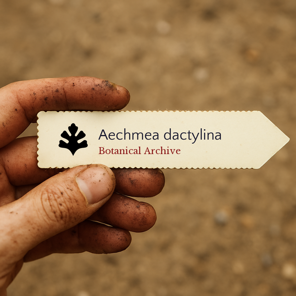 Etichetta per pianta stampata per Aechmea dactylina tenuta da mano sporca su sfondo di terra