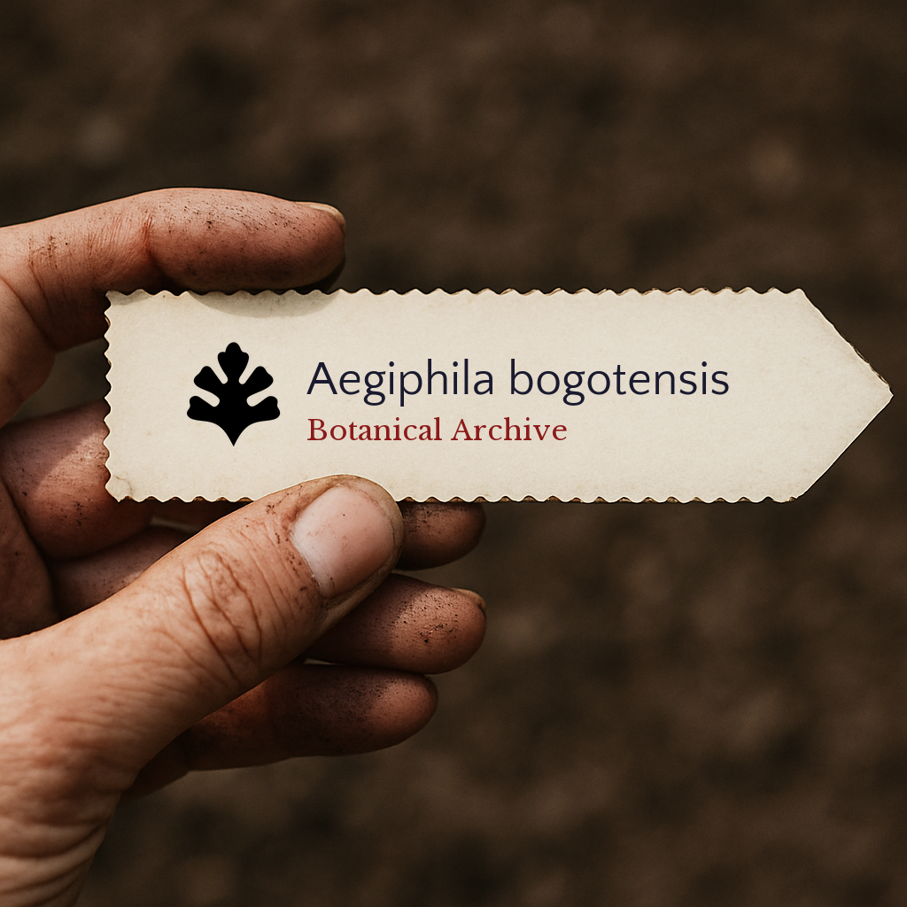 Etichetta stampata per pianta di Aegiphila bogotensis tenuta da mano sporca su sfondo di terra