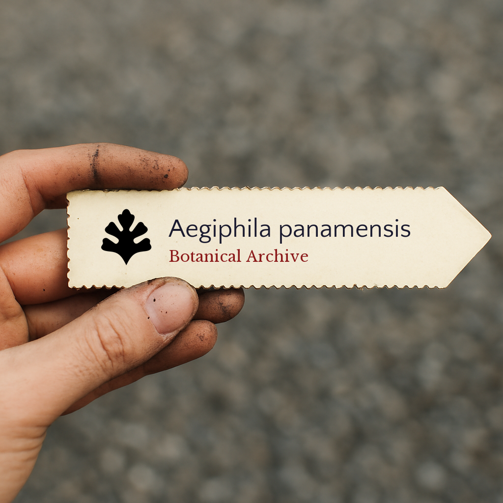 Etichetta piantina stampata per Aegiphila panamensis tenuta a mano con sfondo di terra