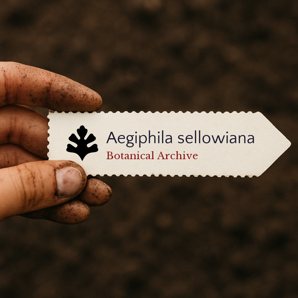Etichetta stampata per pianta di Aegiphila sellowiana tenuta da mano sporca su sfondo di terreno