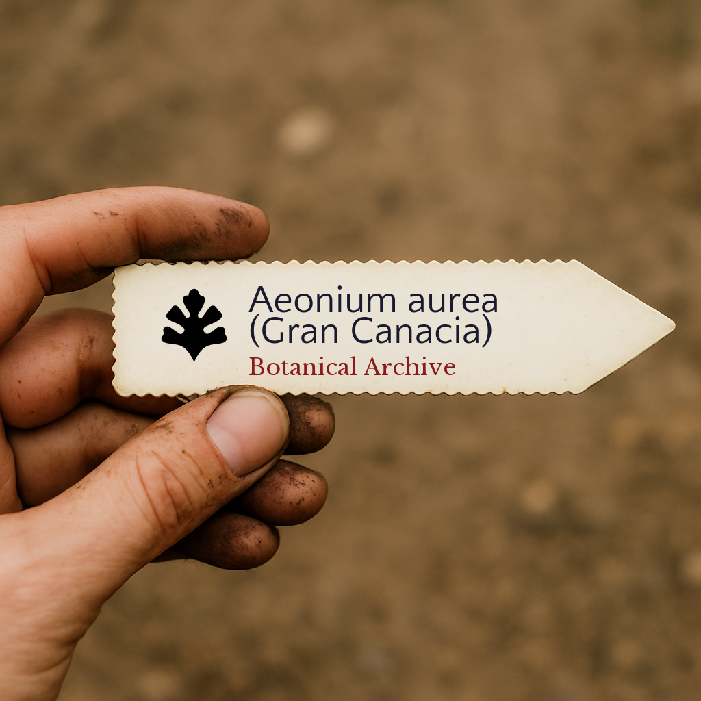 Etichetta stampata per pianta di Aeonium aurea (Gran Canaria) tenuta a mano con sfondo di terreno
