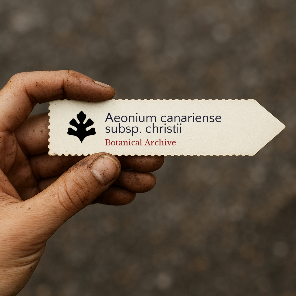 Printed plant label for Aeonium canariense subsp. christii held by dirty hand