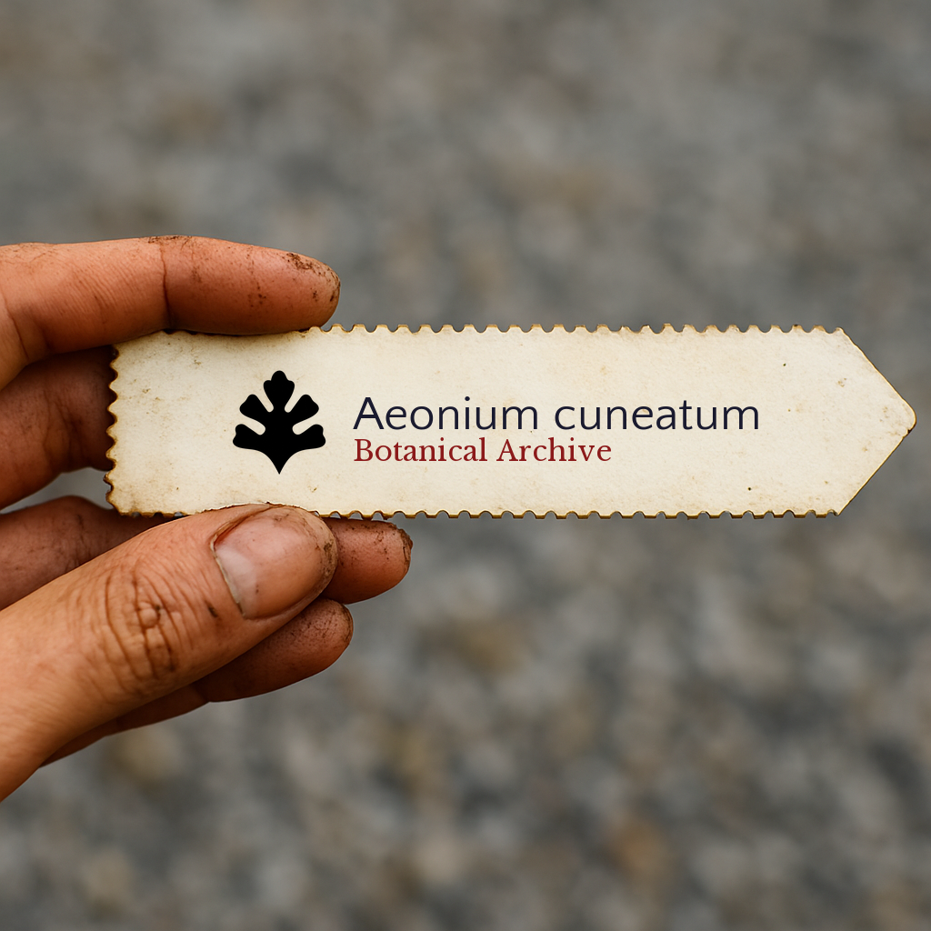 Printed plant label for Aeonium cuneatum with botanical archive logo held by dirty hand