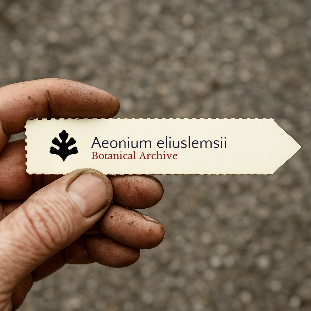 Printed plant label for Aeonium eliuslemsii held by dirty hand on blurred background
