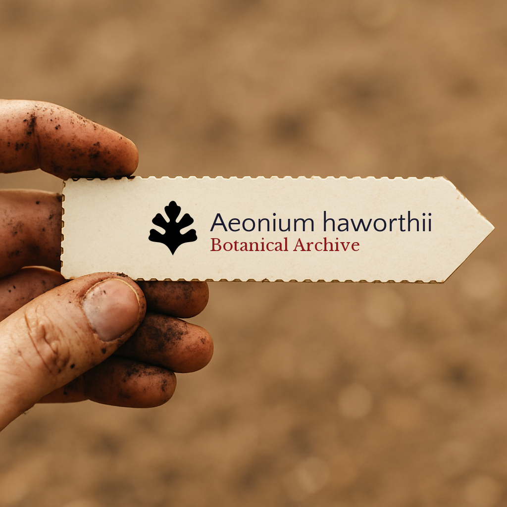 Printed plant label for Aeonium haworthii held by dirty hand over soil background