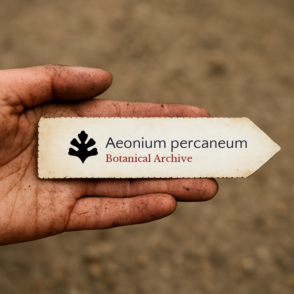 Handheld vintage plant label for Aeonium percaneum with botanical archive logo