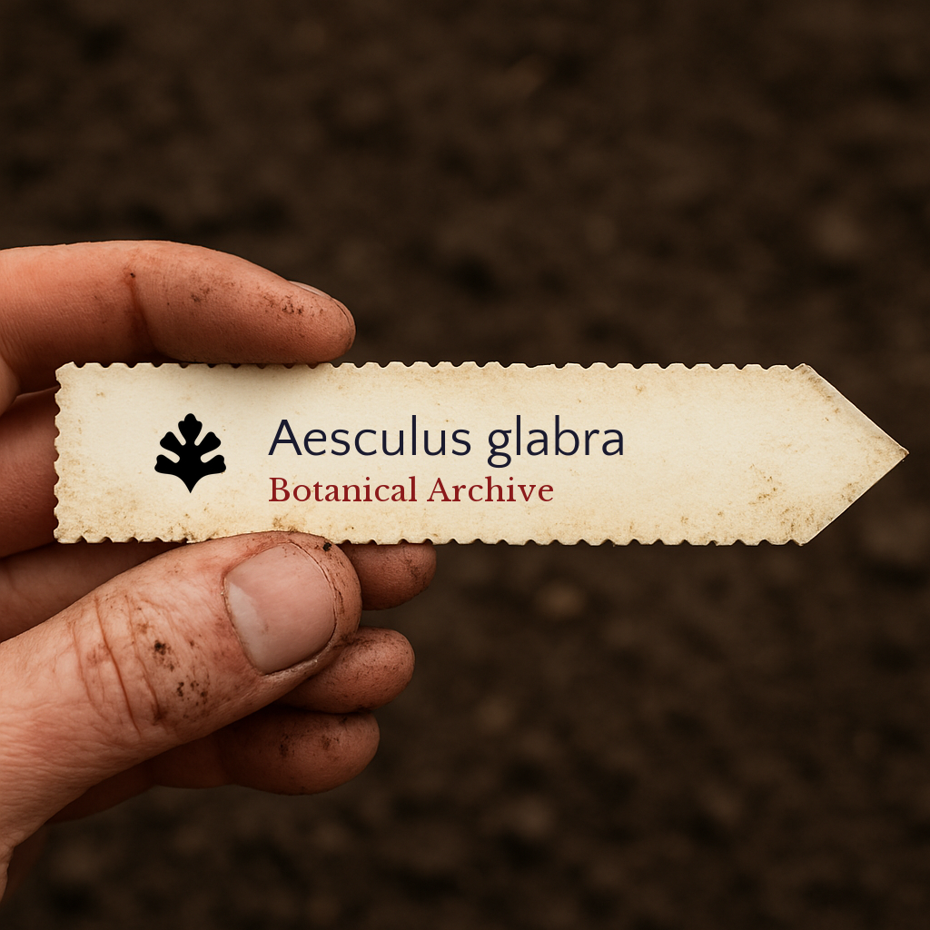 Etichetta stampata per pianta di Aesculus glabra tenuta da mano sporca su sfondo di terreno