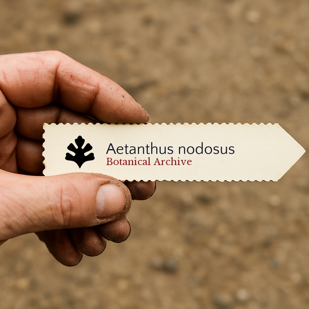Printed plant label for Aetanthus nodosus held by hand with soil background