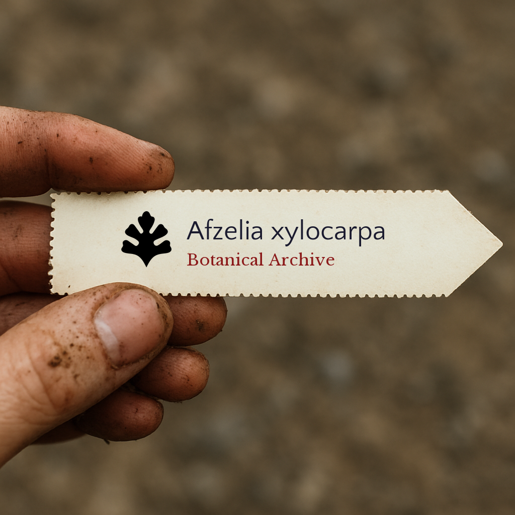 Etichetta della pianta stampata per Afzelia xylocarpa tenuta da una mano sporca all'aperto