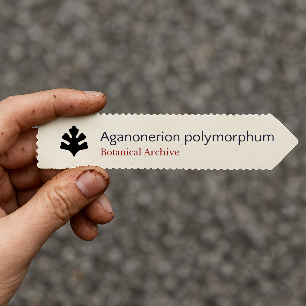 Etichetta vegetale stampata per Aganonerion polymorphum tenuta a mano con terra sulle dita