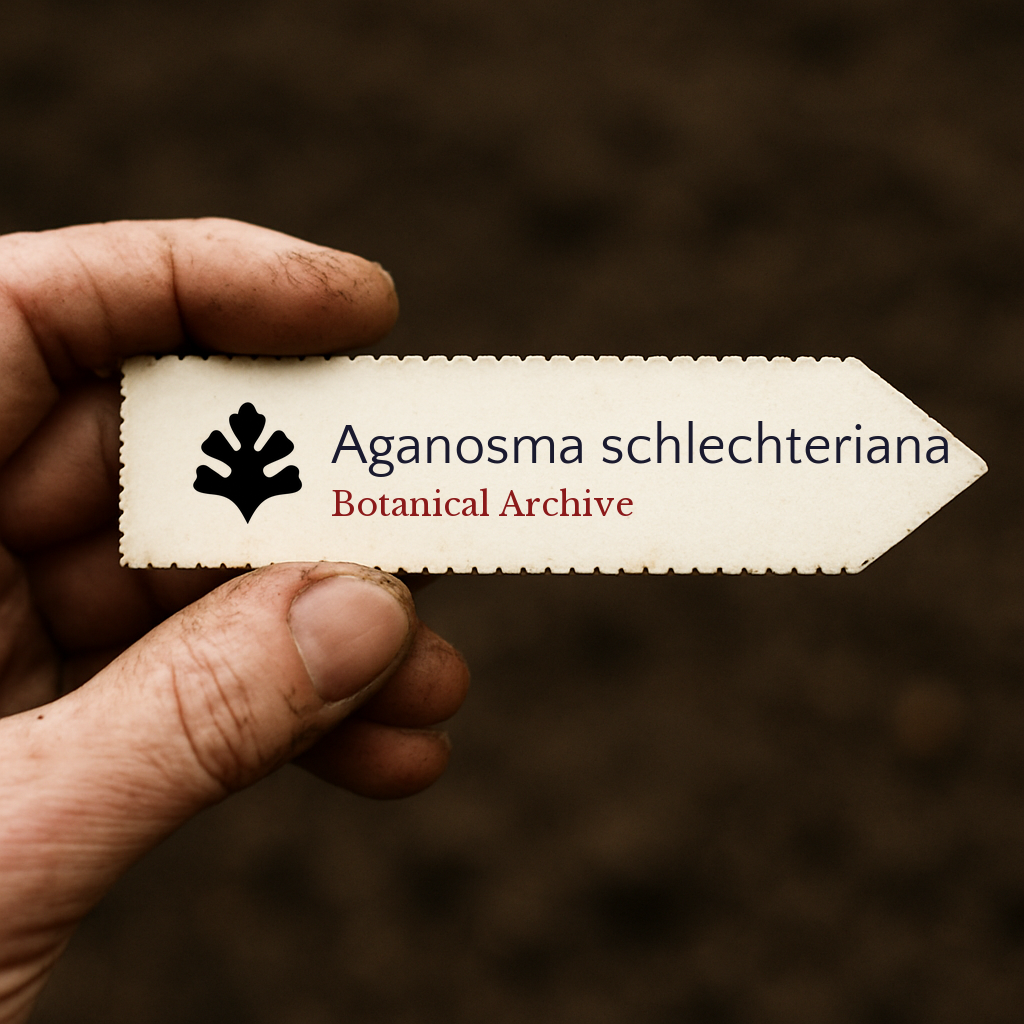 Printed plant label for Aganosma schlechteriana held by hand over soil background