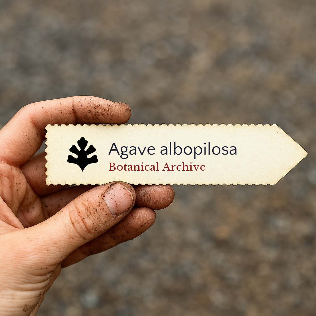 Printed plant label for Agave albopilosa held by dirty hand outdoors