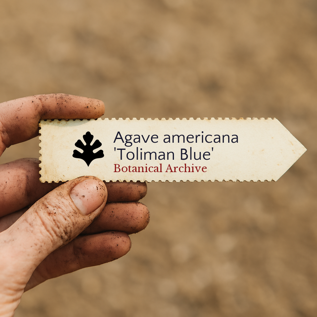 Etichetta della pianta per Agave americana 'Toliman Blue' tenuta da una mano sporca di terra su sfondo di terreno