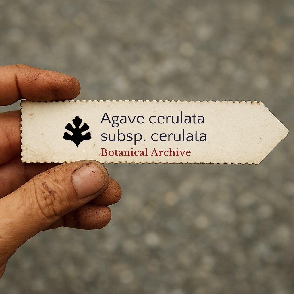 Etichetta botanica stampata per Agave cerulata subsp. cerulata tenuta in mano con sfondo di terra