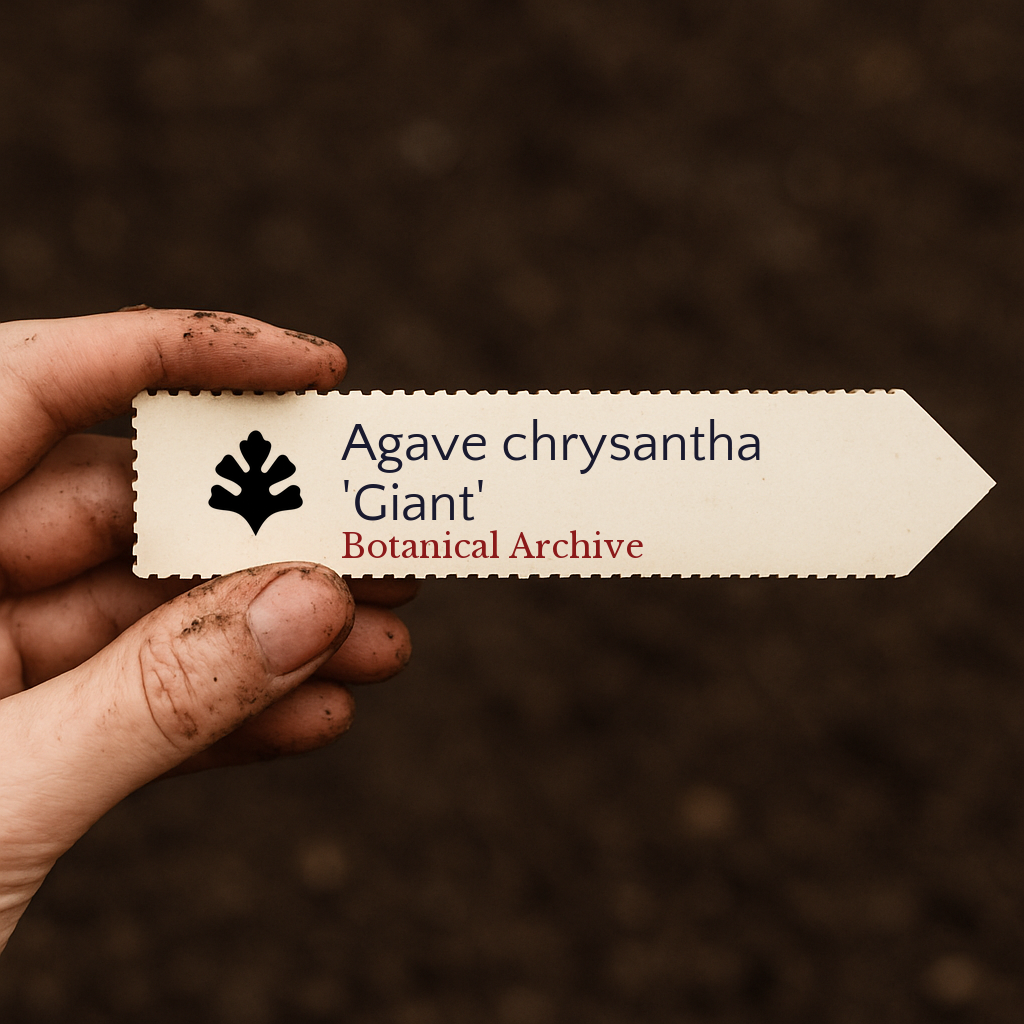 Etichetta per pianta stampata per Agave chrysantha 'Giant' tenuta a mano su sfondo di terreno