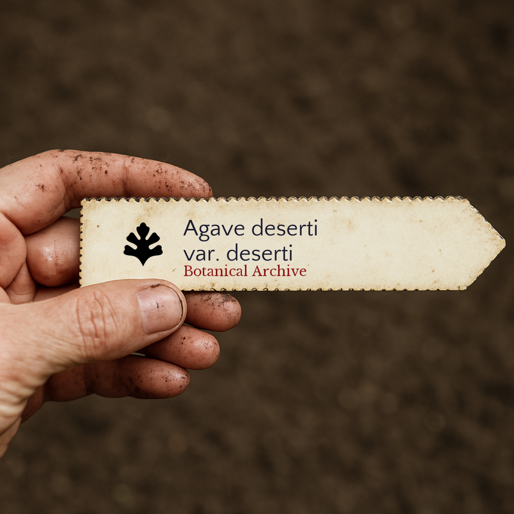Etichetta per pianta stampata per Agave deserti var. deserti tenuta da mano sporca su sfondo di terreno