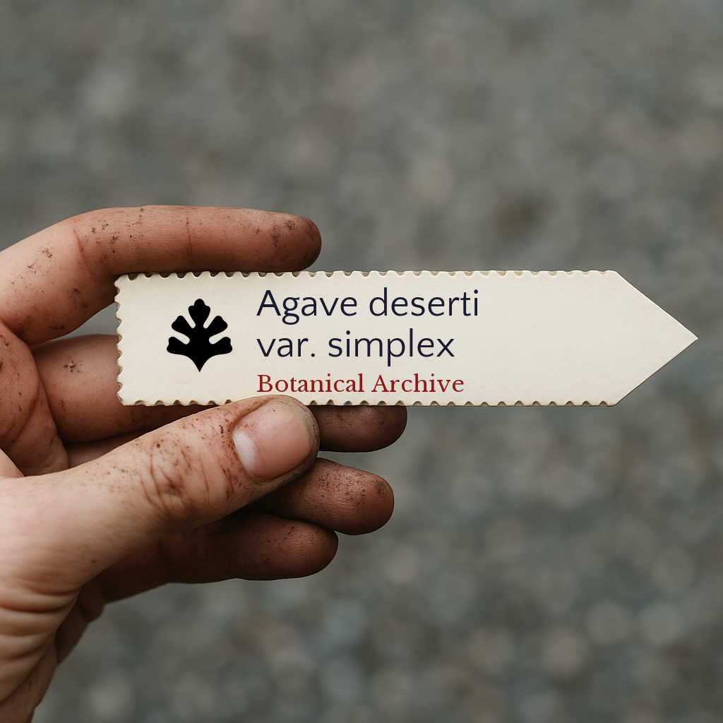 Printed plant label for Agave deserti var. simplex held by dirty hand outdoors
