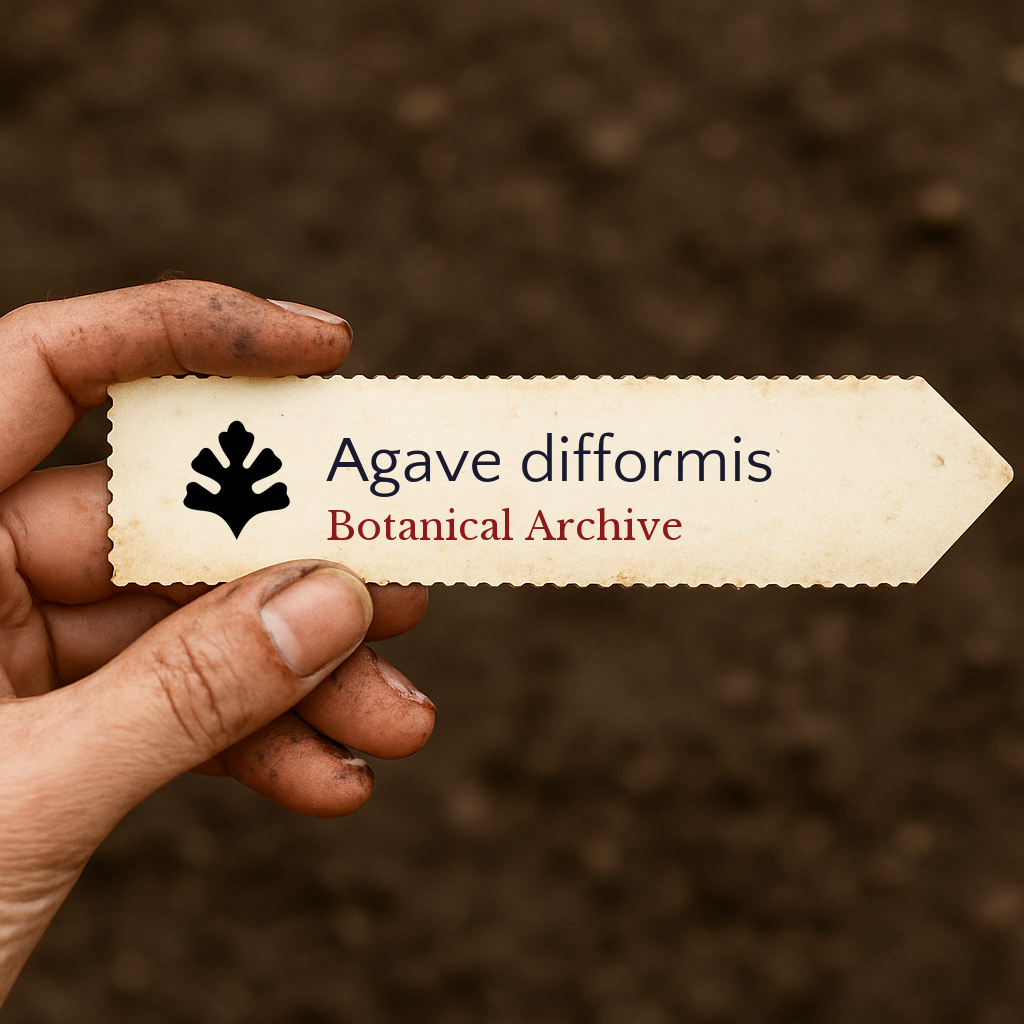 Printed plant label for Agave difformis held by hand with soil background