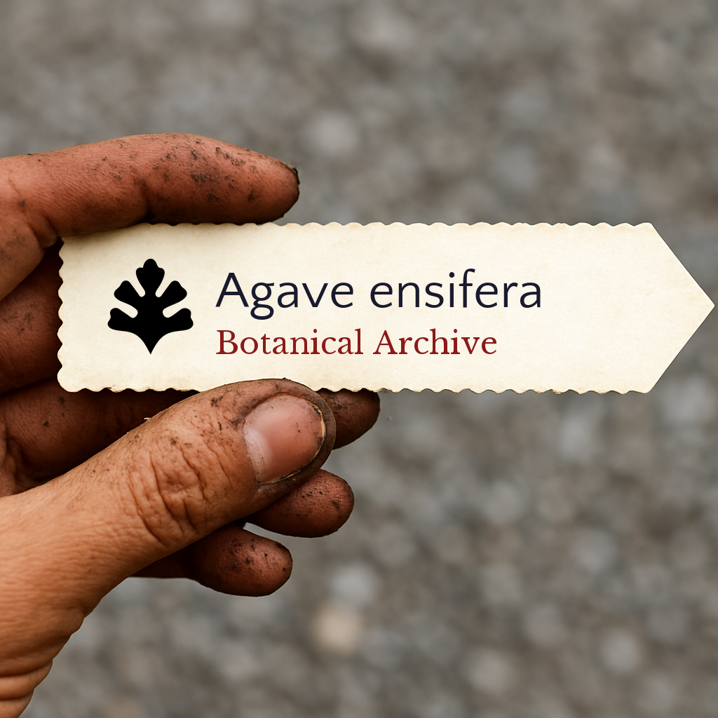 Printed plant label for Agave ensifera held by dirty hand outdoors