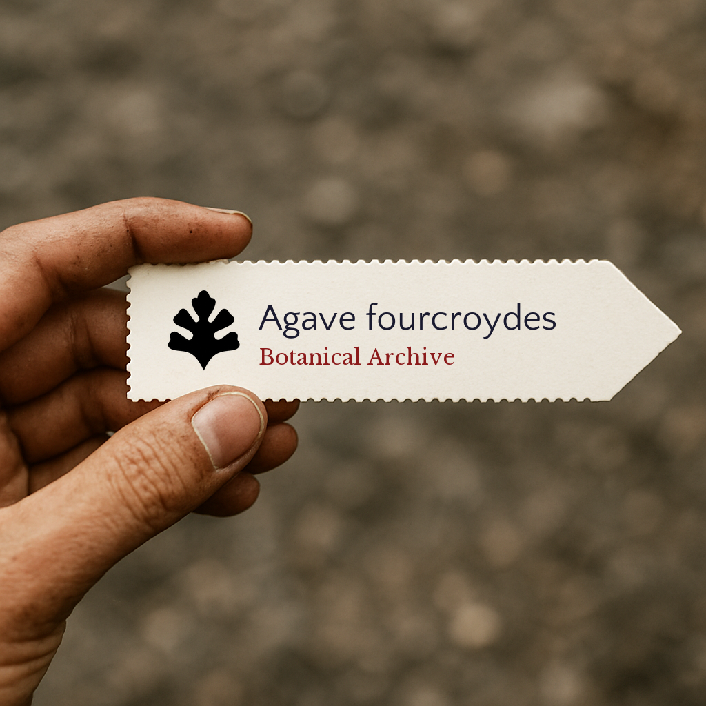 Printed plant label for Agave fourcroydes held in hand with blurred background