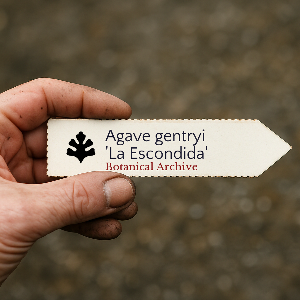 Printed plant label for Agave gentryi 'La Escondida' held by hand outdoors