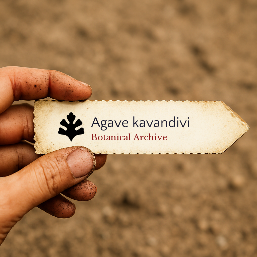 Printed plant label for Agave kavandivi held by dirty hand over soil background